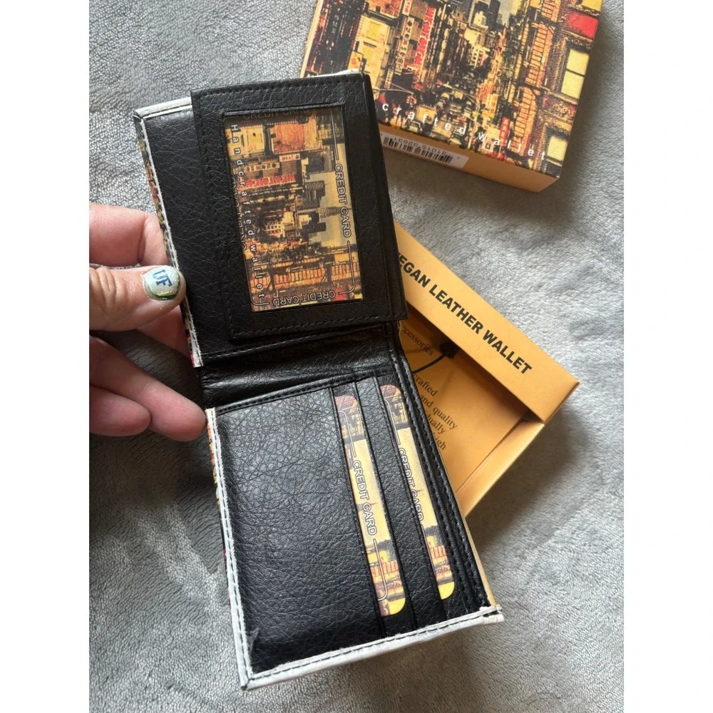 Handcrafted Vegan Leather Bifold Wallet Cityscape Urban Print New in Box